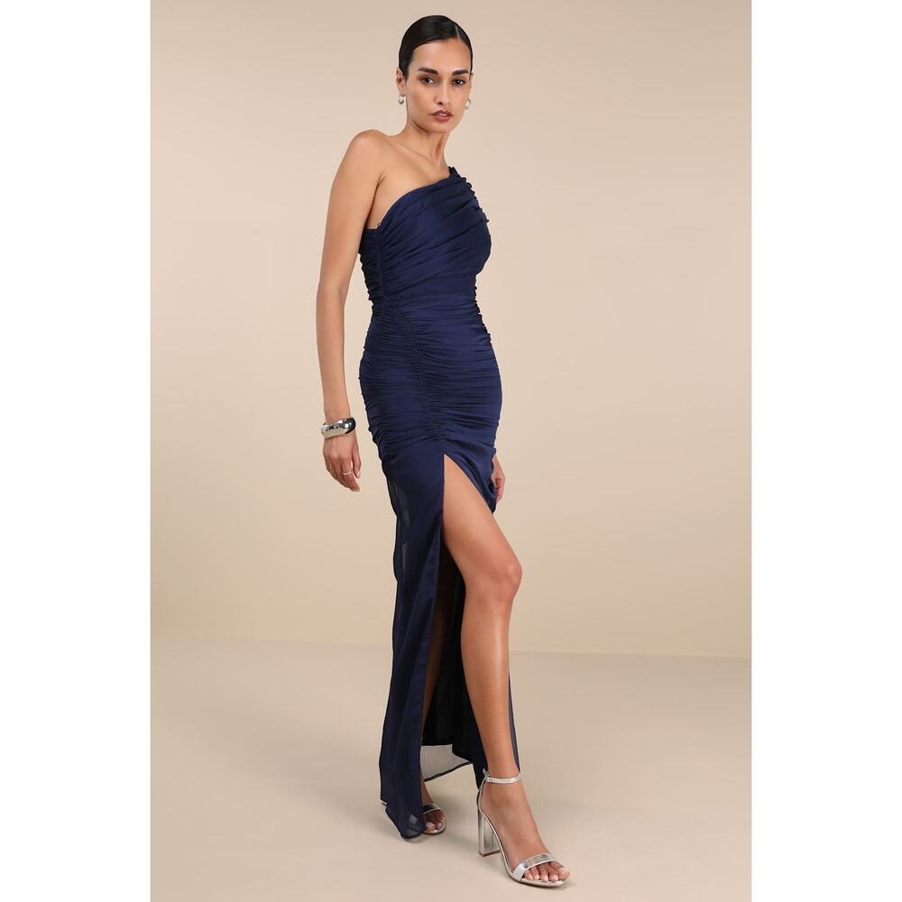 NWT Lulus Kyleah Navy Ruched One-Shoulder Maxi Dress Bridesmaid Banquet Gala L